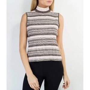 St John Wool Blend Striped Ruffle Mock Neck Sleeveless Knit Tank Top Pink L